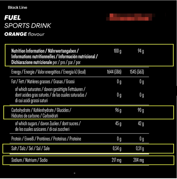Fuel sports drink nutrition information label